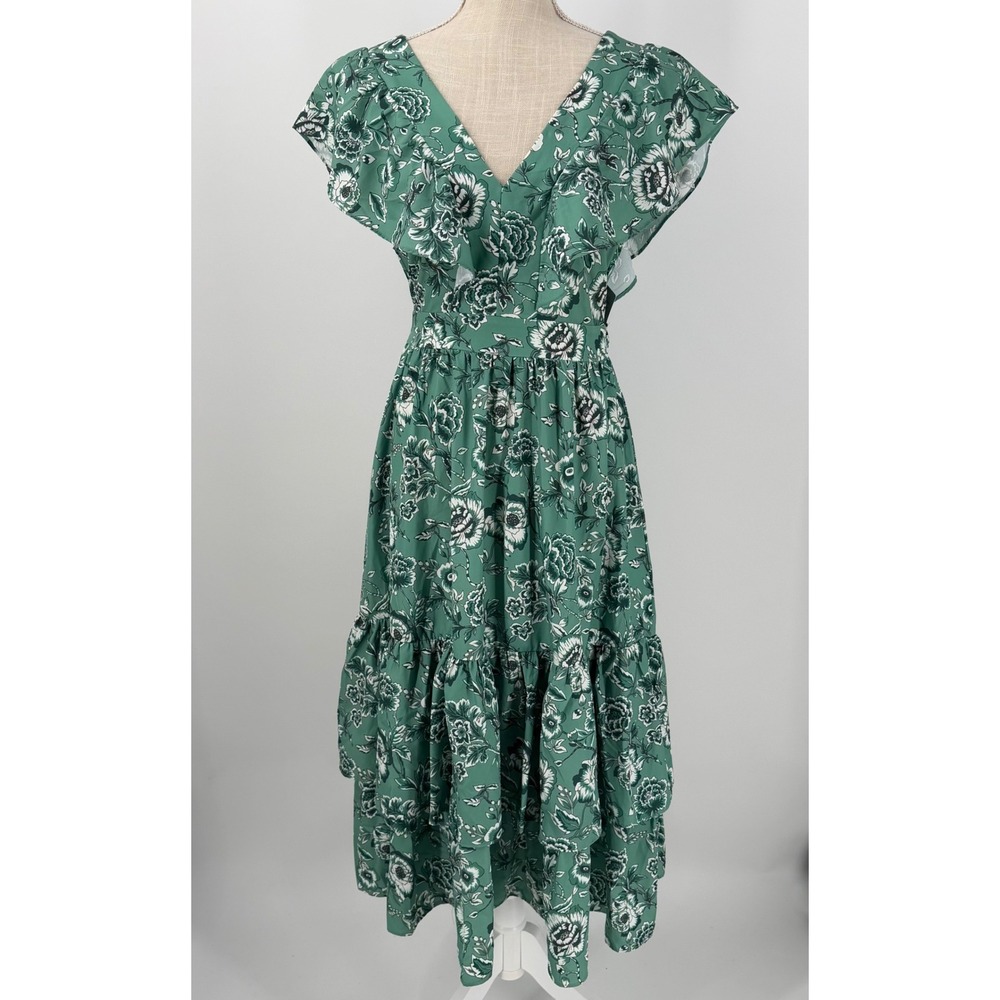 Melloday Green Floral Tiered Midi Dress Ruffle Cap Sleeve V-Neck XS New‎